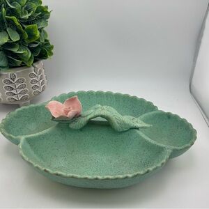 Vintage Pottery Divided Serving Dish Celadon Green Speckled Floral Boho MCM